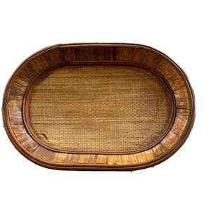 Vintage Heavy Bent Rattan Tray Bamboo Oval Serving Decorative Large 24”